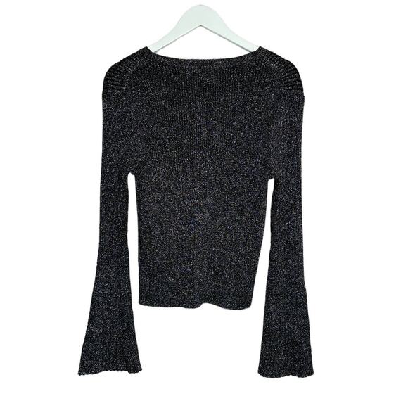 Boden NWT Black Metallic Ribbed Button Front V Neck Cardigan Top Bell Sleeves XL - Picture 6 of 9